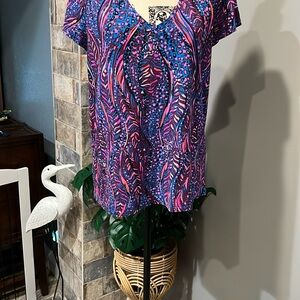 Lilly Pulitzer Etta V-Neck Top Blue Flare Always Pawsitive